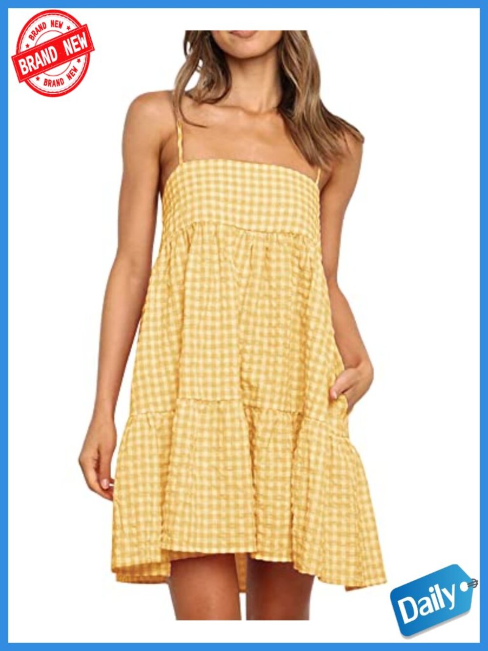 Womens A-Line Sleeveless Mini Sundress with Pockets, Ruffle Hem - Picture 1 of 6